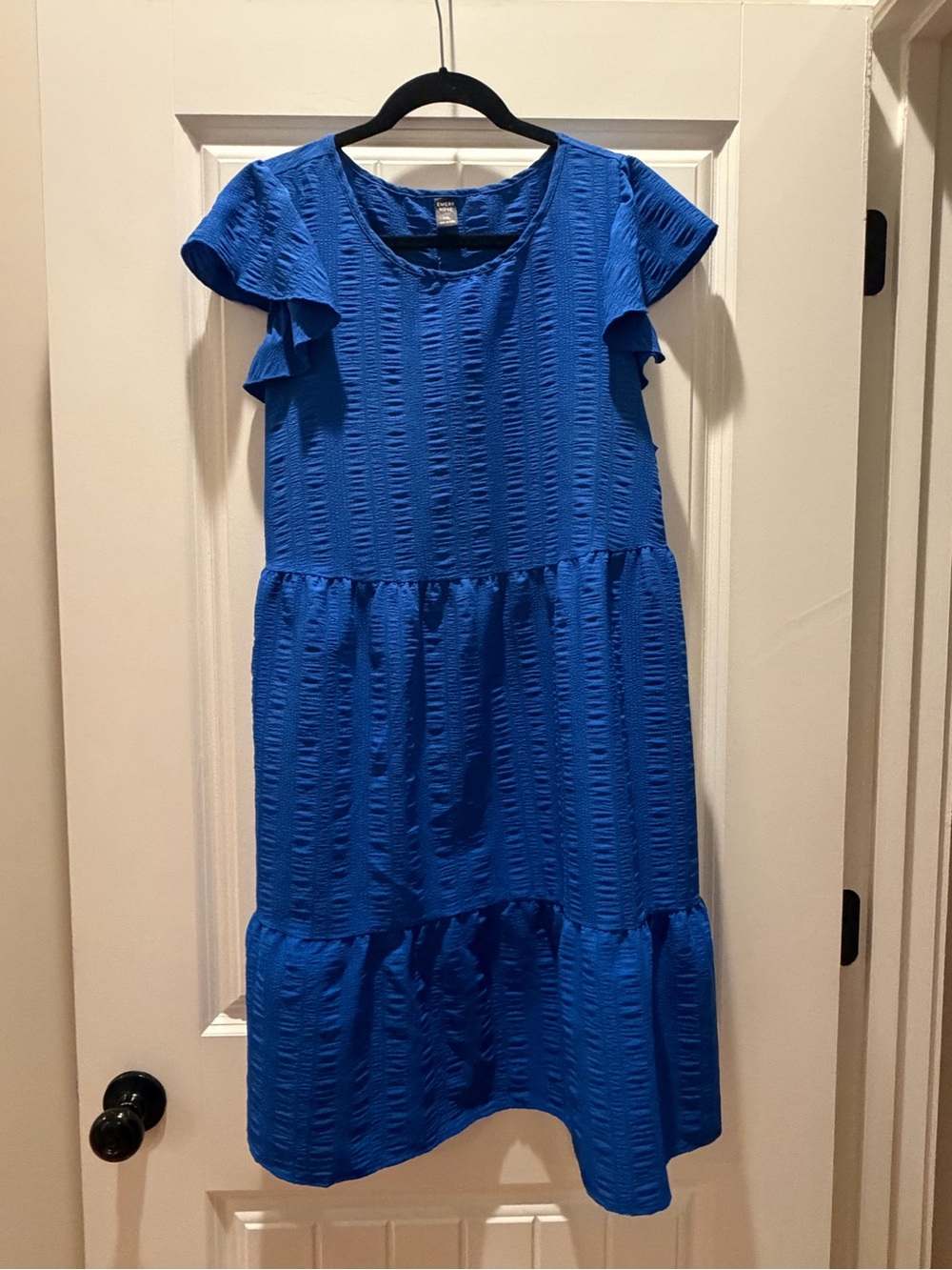 Bright Blue Textured Tiered Midi Dress with Ruffle Sleeves